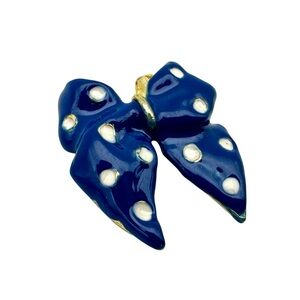 Vintage Polka Dot Enamel Bow Brooch Pin Blue White Gold Tone Costume Jewelry